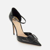 The VALENTINO GARAVANI V Logo Signature D'Orsay Heel is a black patent leather pump with a pointed toe, front decorative buckle, and slim ankle strap in a chic D’Orsay silhouette.