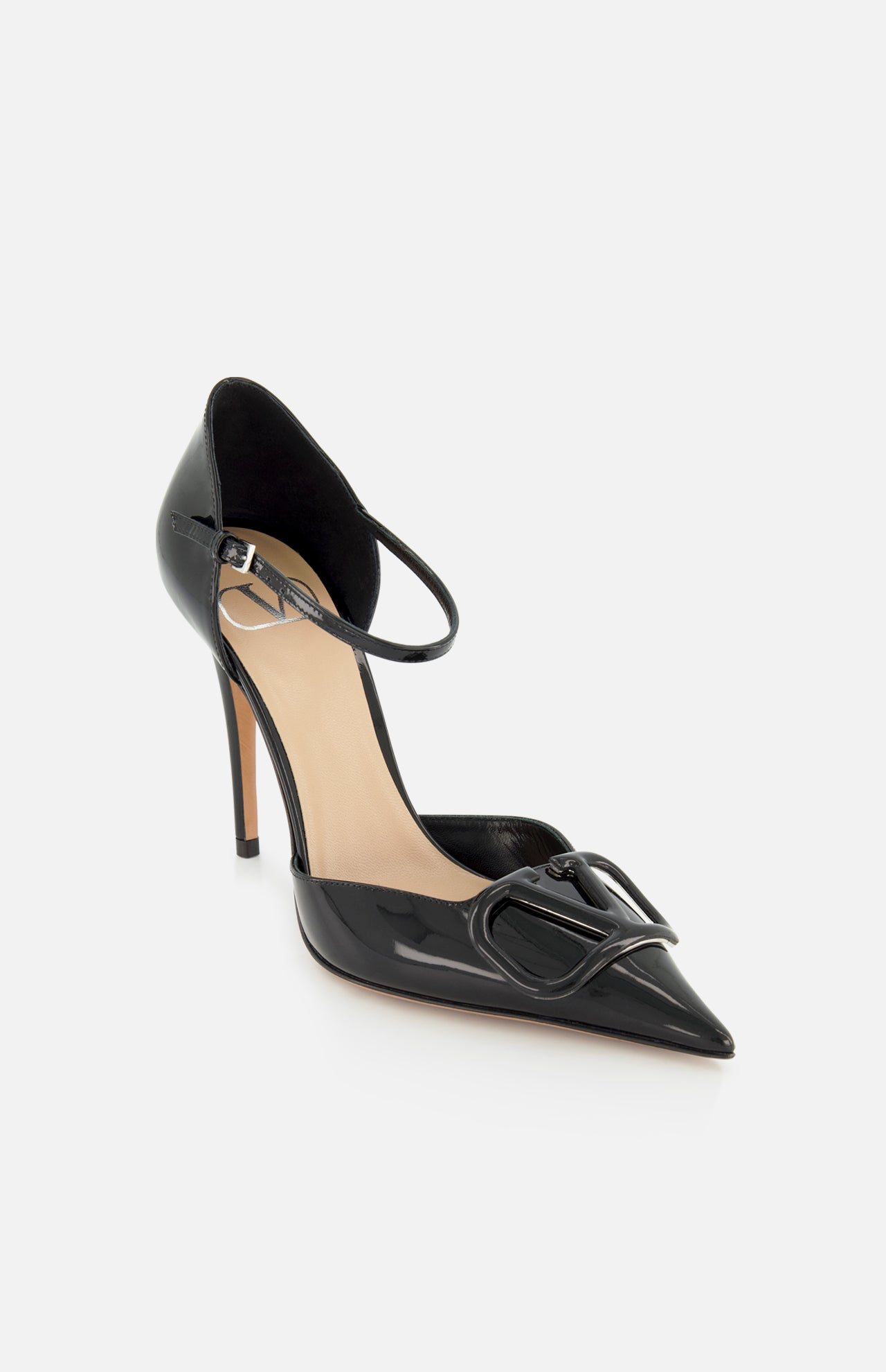 The VALENTINO GARAVANI V Logo Signature D'Orsay Heel is a black patent leather pump with a pointed toe, front decorative buckle, and slim ankle strap in a chic D’Orsay silhouette.