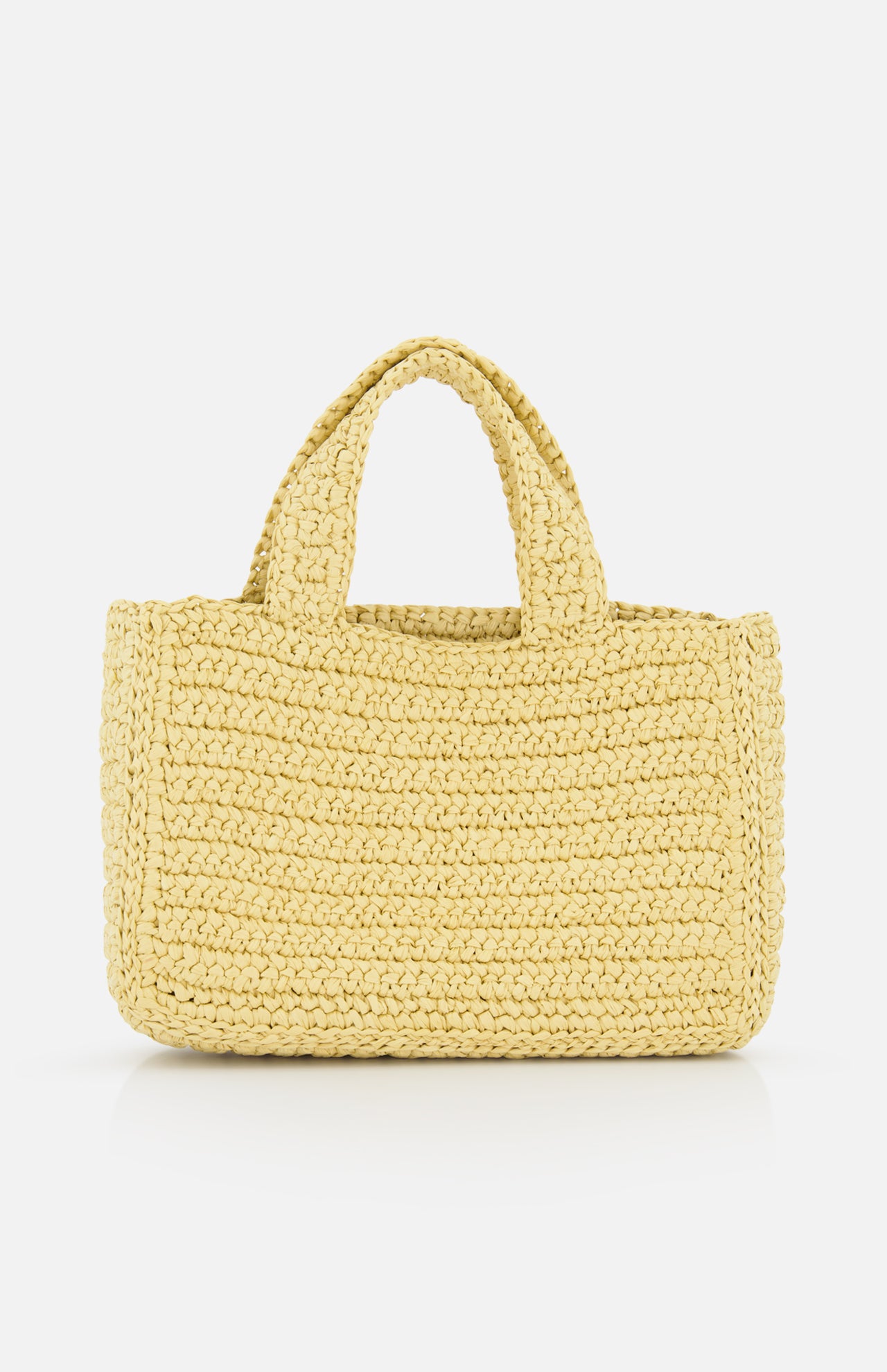 The VALENTINO GARAVANI Viva Superstar Crochet Small Tote Bag, a rectangular light yellow synthetic raffia bag with two short handles, is displayed on a plain white background.