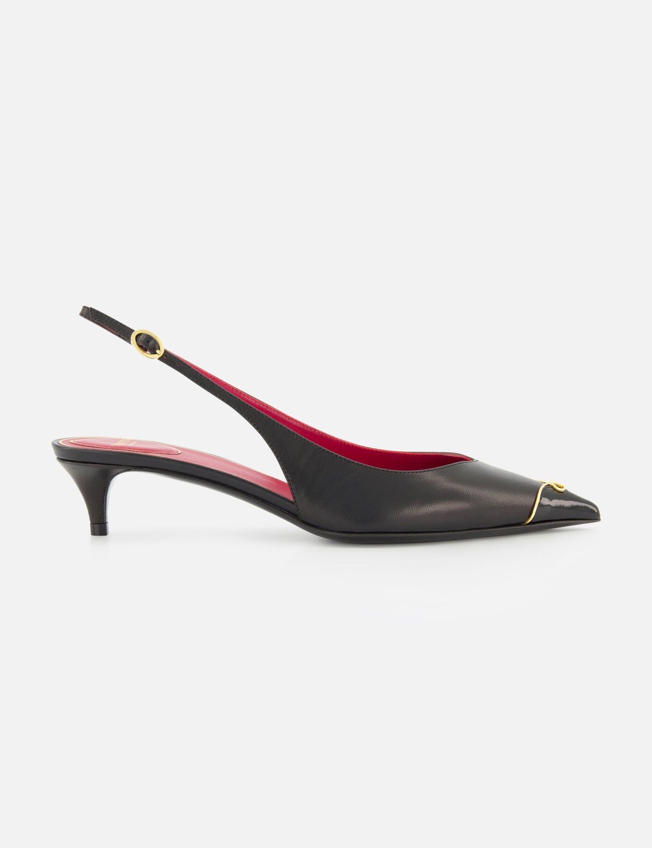 The VALENTINO GARAVANI VLogo Heartip Sling Back Heel is a black leather kitten-heel with a pointed toe, red interior, gold ankle buckle, and gold toe accent—elegantly crafted in Italy.