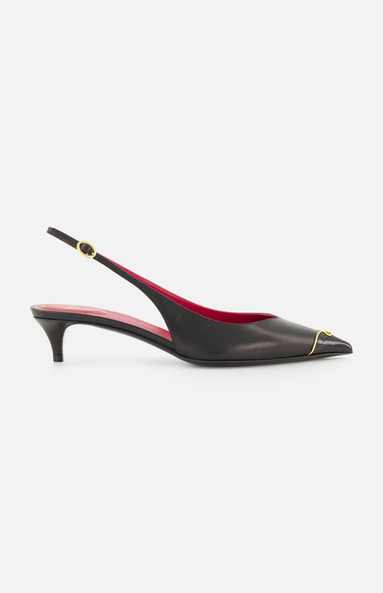 The VALENTINO GARAVANI VLogo Heartip Sling Back Heel is a black leather kitten-heel with a pointed toe, red interior, gold ankle buckle, and gold toe accent—elegantly crafted in Italy.