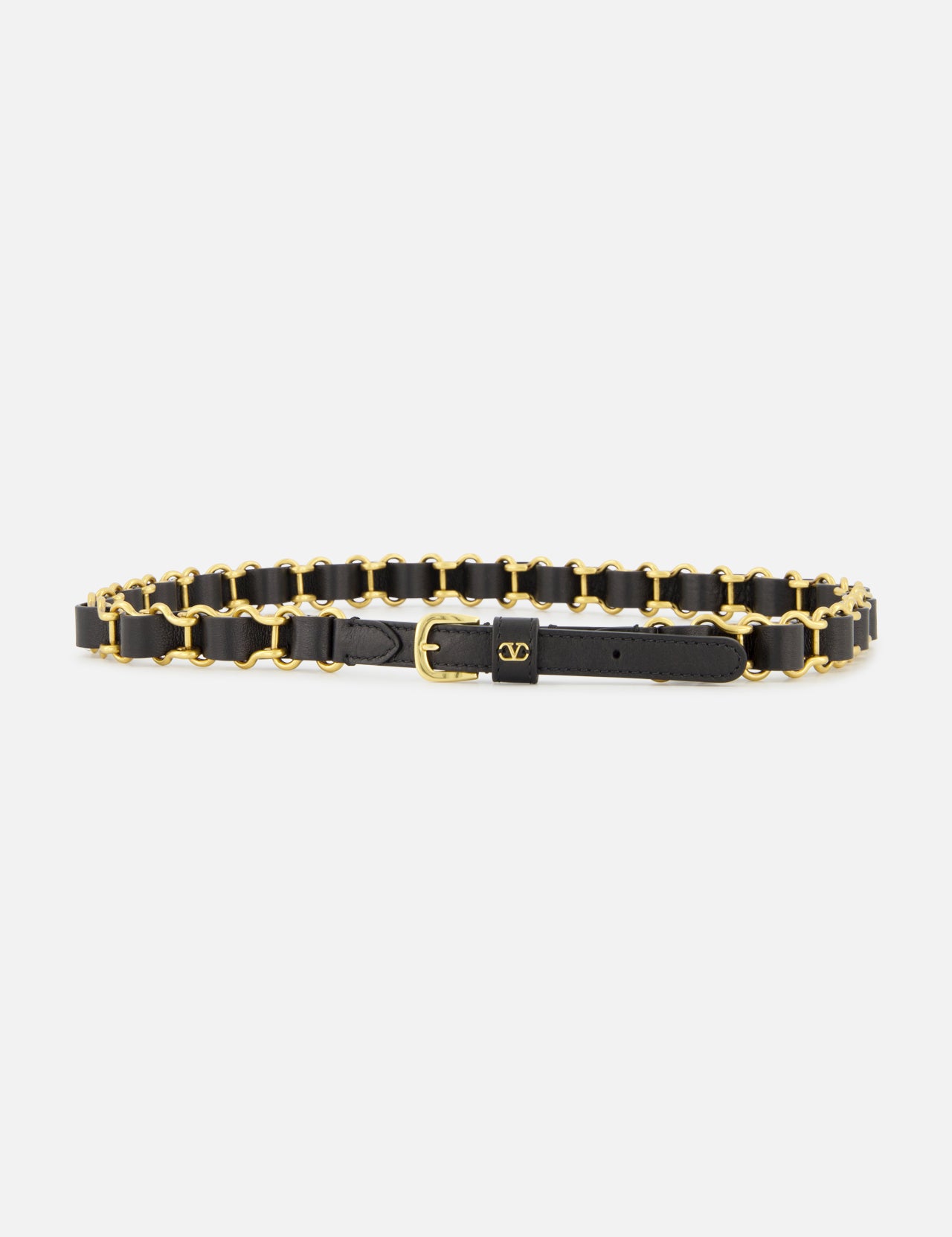 The VALENTINO GARAVANI VLogo Signature Chain Belt H. 12 is a slim black leather belt adorned with striking gold-tone chain links and a signature gold buckle, beautifully showcased against a white background.