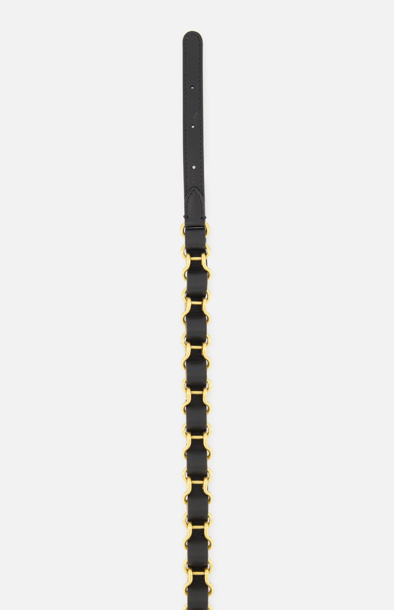 The VALENTINO GARAVANI VLogo Signature Chain Belt H. 12 is displayed vertically against a white background, crafted in black leather with elegant gold-tone hardware and distinctive gold-tone chain links at the center.