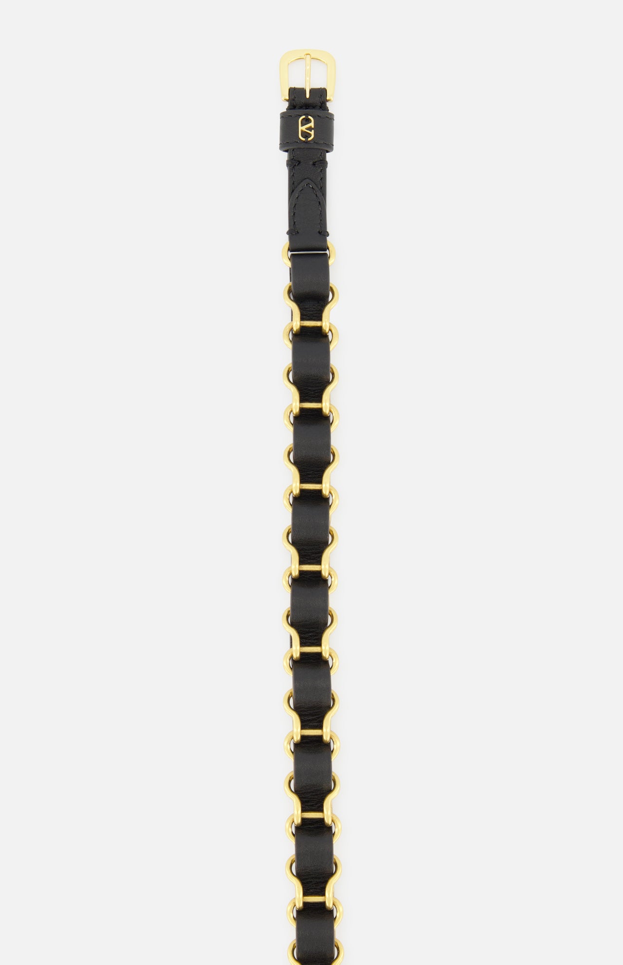The VALENTINO GARAVANI VLogo Signature Chain Belt H. 12 is a black leather chain-link belt featuring gold-tone hardware and a small gold buckle, displayed vertically against a white background.