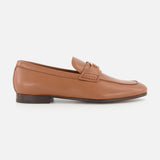 The VALENTINO GARAVANI VLogo Signature Loafer is shown in profile against a plain white background, featuring tan leather, an almond-shaped moc toe with stitching details, and a small gold VLogo signature embellishment on the upper.