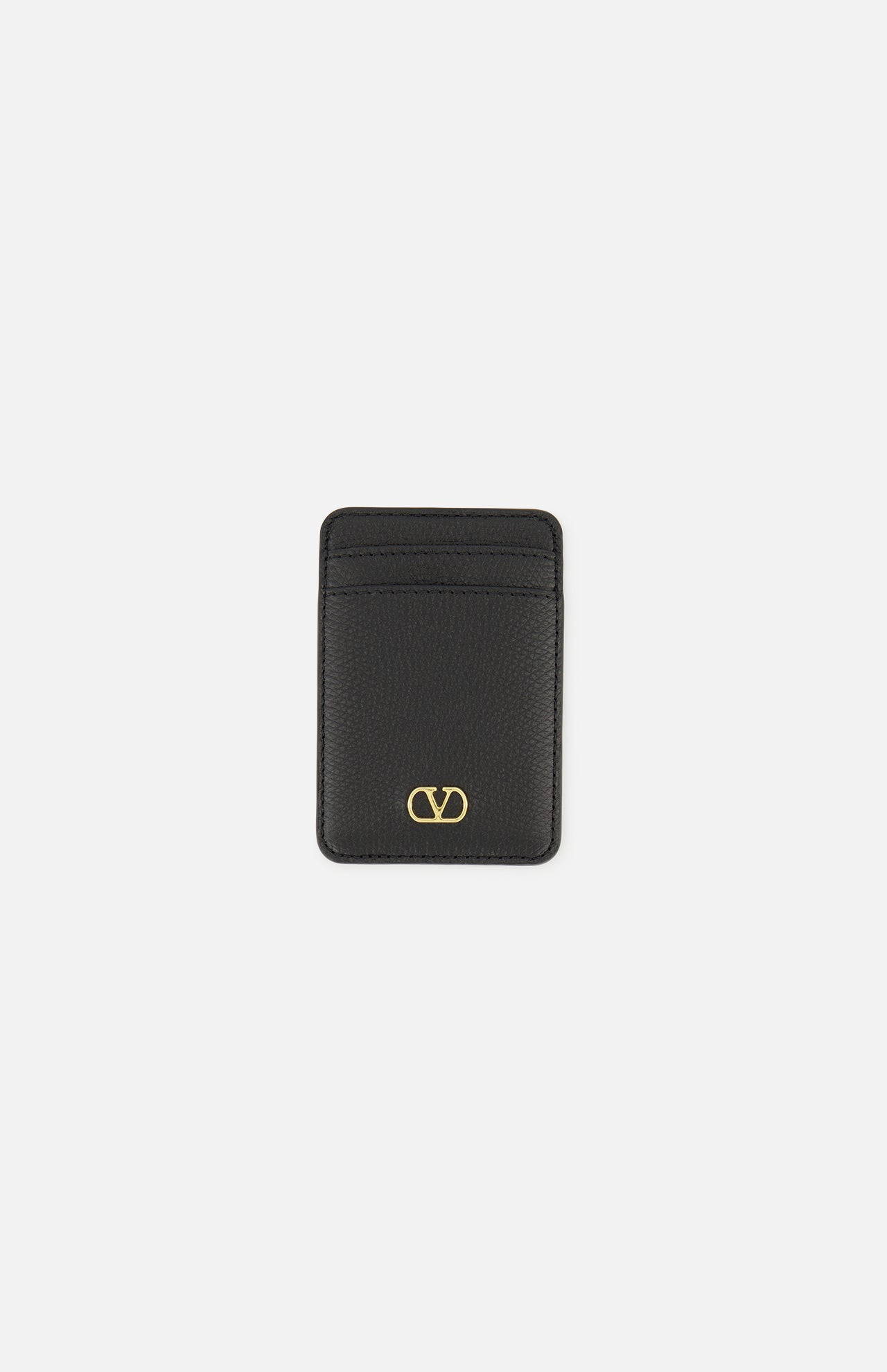 Valentino Garavani VLogo Signature Magnetic Card Holder in black leather featuring two slots and a gold V-shaped logo emblem.