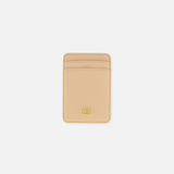 Valentino Garavani VLogo Signature Magnetic Card Holder in beige leather featuring two card slots and a small gold-tone logo emblem on the front.