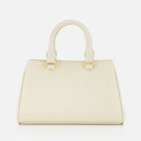 The VALENTINO GARAVANI VLogo Signature Mini Bag, an elegant ivory leather bowling bag with gold hardware and two short handles, is showcased against a plain white background.