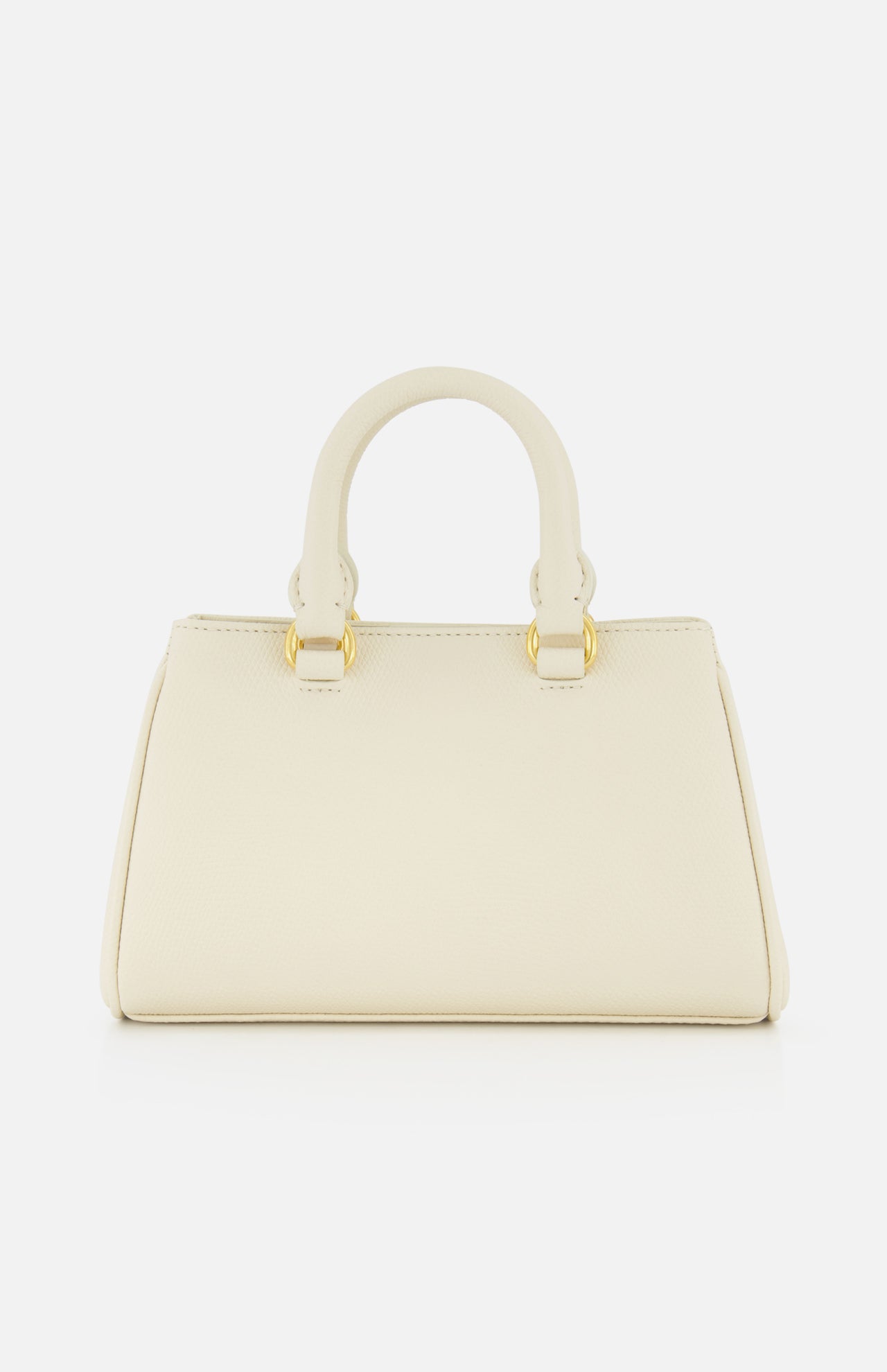 The VALENTINO GARAVANI VLogo Signature Mini Bag, an elegant ivory leather bowling bag with gold hardware and two short handles, is showcased against a plain white background.