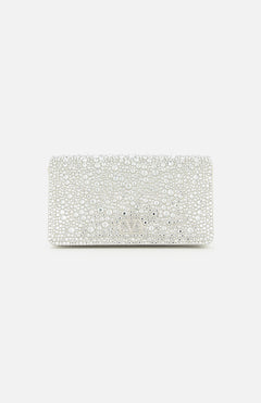 The VALENTINO GARAVANI VLogo Signature Swarovski Crystals Mini Bag exudes effortless elegance with its rectangular white silhouette, adorned in shimmering Swarovski crystals and lustrous pearls. Set against a plain white background, this exquisite silver mini bag captures the light with every detail, making it the perfect special occasion accessory.