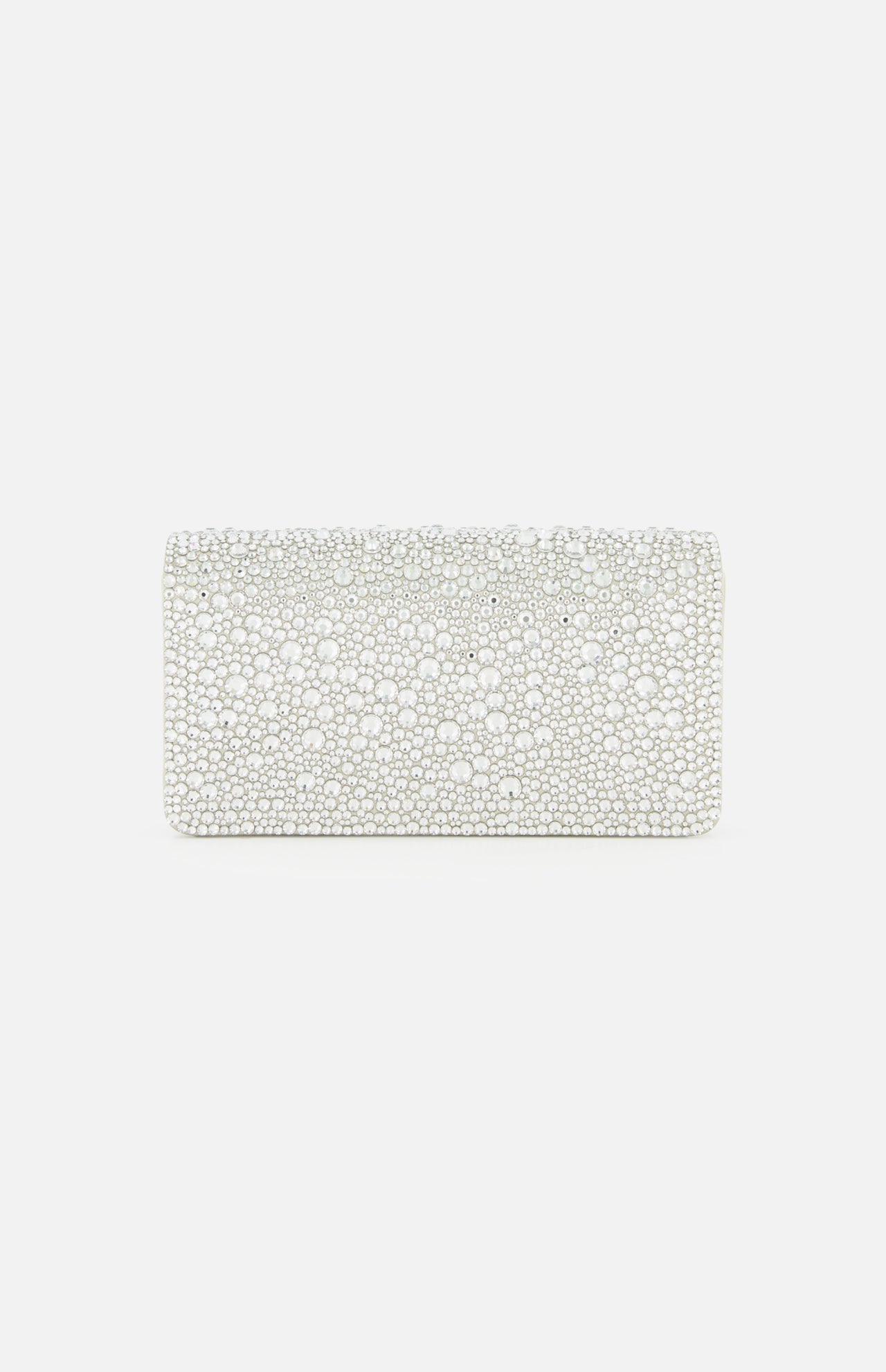 The VALENTINO GARAVANI VLogo Signature Swarovski Crystals Mini Bag, a rectangular silver clutch adorned with shimmering Swarovski crystals, is displayed against a plain white background, making it the perfect accessory for special occasions.
