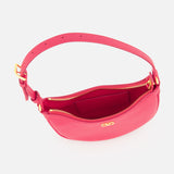 The VALENTINO GARAVANI VLogo Signature Mini Hobo Bag, crafted in bright pink leather with gold hardware and a zippered opening, is displayed on a white background. Evoking the style of a chic mini handbag, its interior—featuring a small inner pocket and an adjustable strap for versatile wear—is visible.