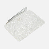 A dazzling silver VLogo Signature Small Flat Pouch by VALENTINO GARAVANI, adorned with shimmering Swarovski crystals and featuring a sleek silver strap and a subtle metallic logo at the top center. This elegant clutch is the perfect accessory for special occasions, beautifully displayed on a plain white background.