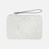 Introducing the VALENTINO GARAVANI VLogo Signature Small Flat Pouch—a rectangular white clutch with a wrist strap, featuring an elegant surface embellished with raised silver and white circles in varying sizes for a shimmering, special occasion look.
