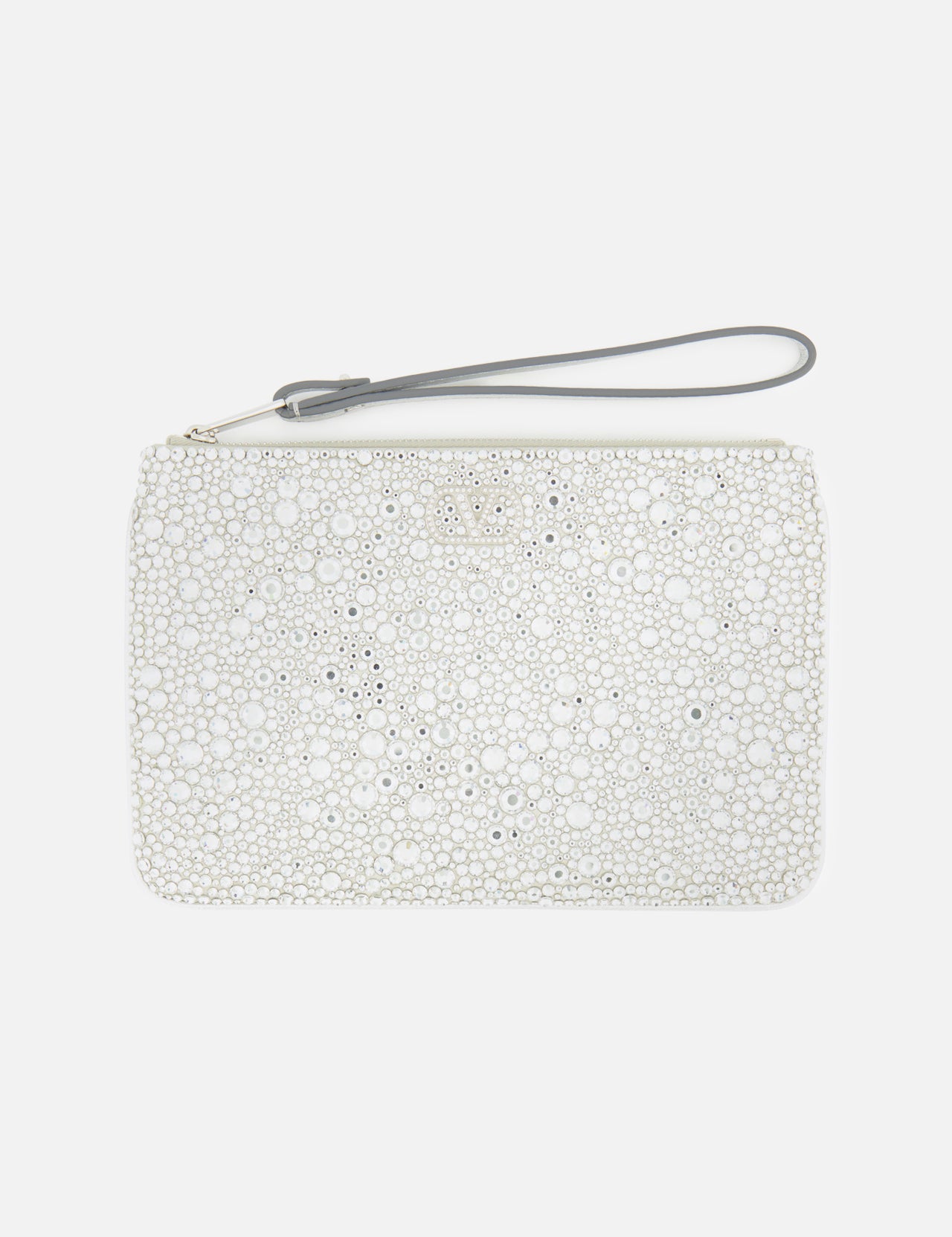 Introducing the VALENTINO GARAVANI VLogo Signature Small Flat Pouch—a rectangular white clutch with a wrist strap, featuring an elegant surface embellished with raised silver and white circles in varying sizes for a shimmering, special occasion look.