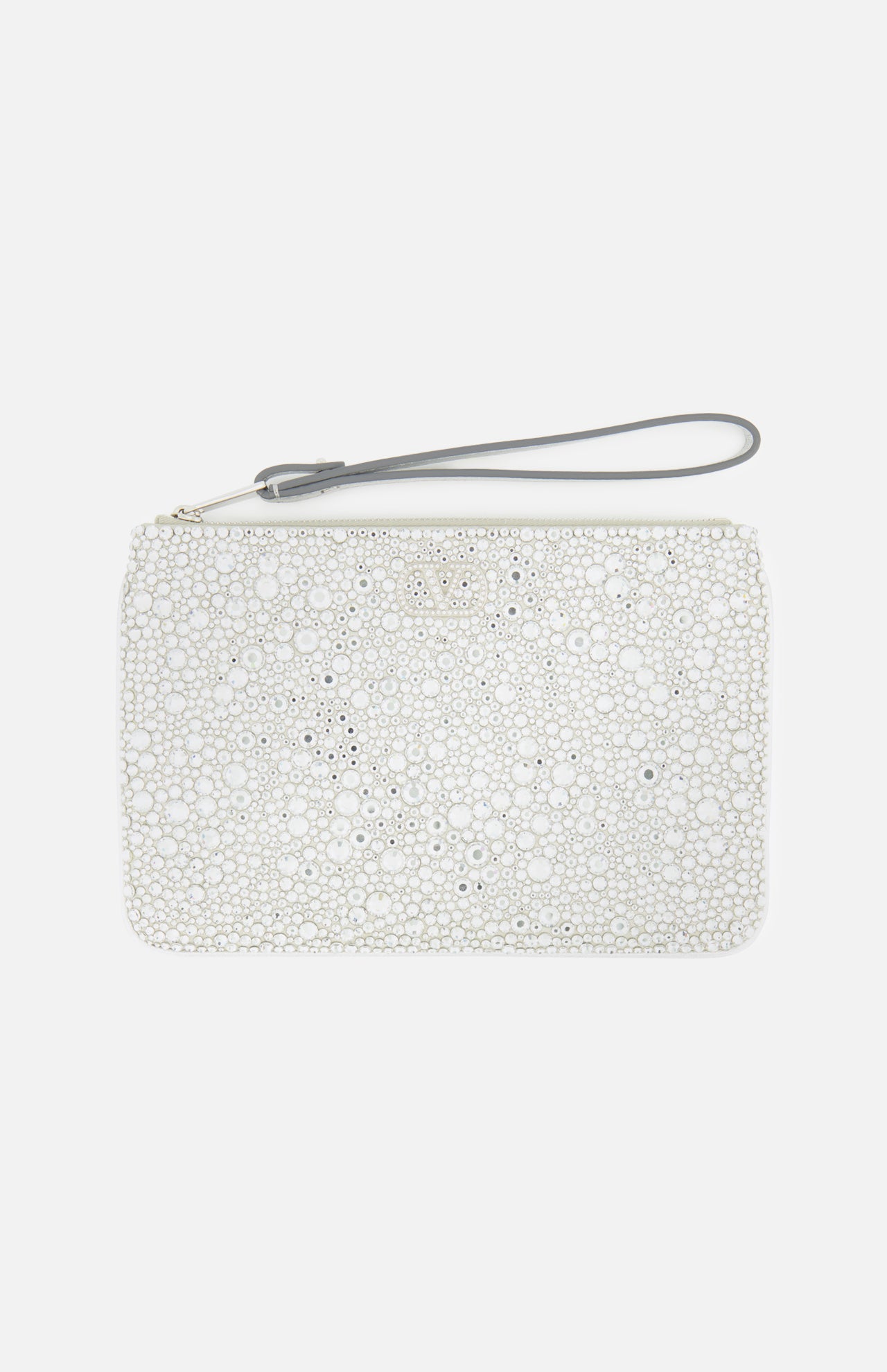 Introducing the VALENTINO GARAVANI VLogo Signature Small Flat Pouch—a rectangular white clutch with a wrist strap, featuring an elegant surface embellished with raised silver and white circles in varying sizes for a shimmering, special occasion look.