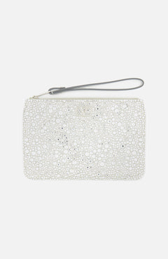 Introducing the VALENTINO GARAVANI VLogo Signature Small Flat Pouch—a rectangular white clutch with a wrist strap, featuring an elegant surface embellished with raised silver and white circles in varying sizes for a shimmering, special occasion look.