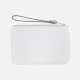 The VALENTINO GARAVANI VLogo Signature Small Flat Pouch, featuring a sleek white rectangular design with a gray strap, is displayed against a plain white background and makes an elegant accessory for special occasions.