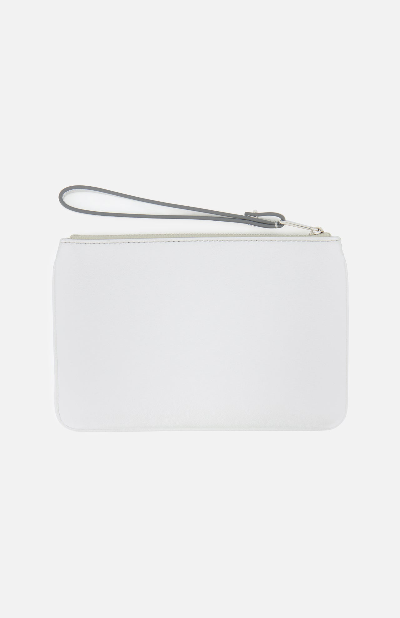 The VALENTINO GARAVANI VLogo Signature Small Flat Pouch, featuring a sleek white rectangular design with a gray strap, is displayed against a plain white background and makes an elegant accessory for special occasions.