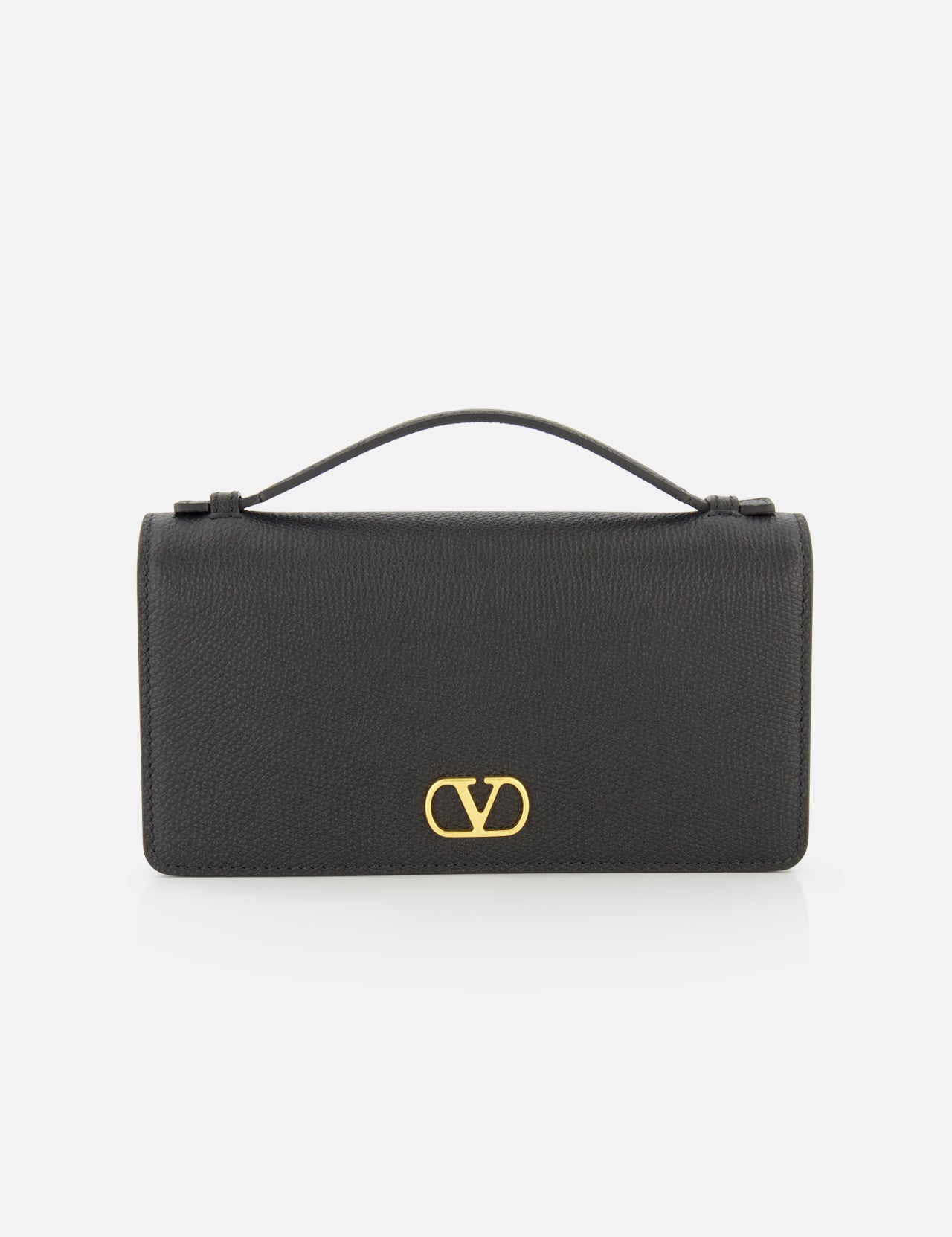 A black VALENTINO GARAVANI VLogo Signature Wallet with Strap featuring the iconic gold VLogo signature on the front, shown against a plain white background.