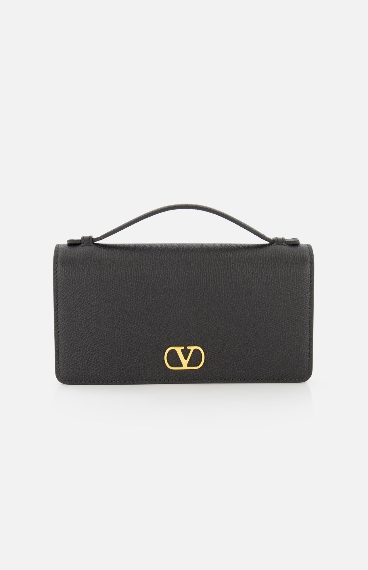 A black VALENTINO GARAVANI VLogo Signature Wallet with Strap featuring the iconic gold VLogo signature on the front, shown against a plain white background.