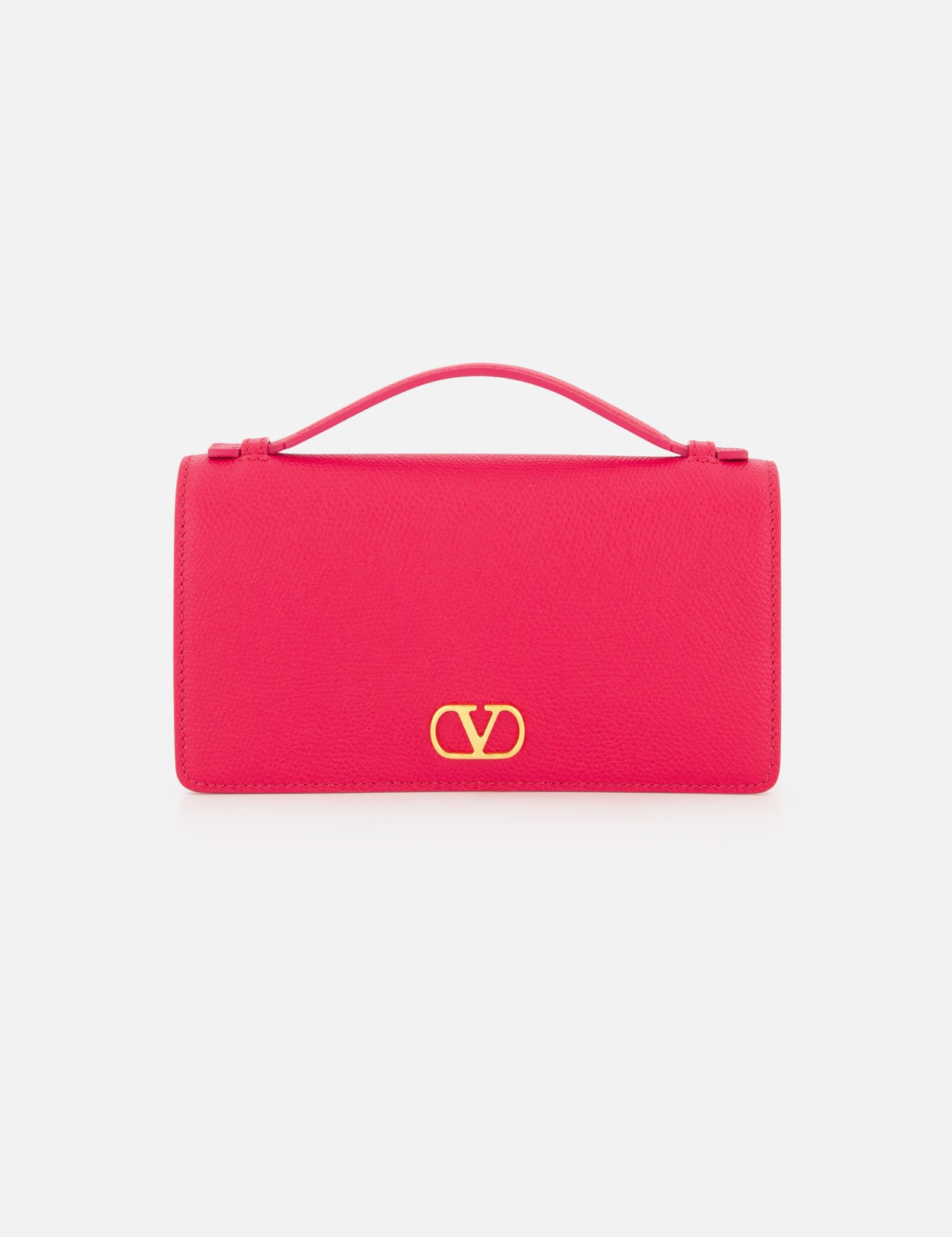 A vibrant pink rectangular VALENTINO GARAVANI VLogo Signature Wallet with Strap, featuring a top handle and a striking gold VLogo emblem on the front, displayed against a plain white background.