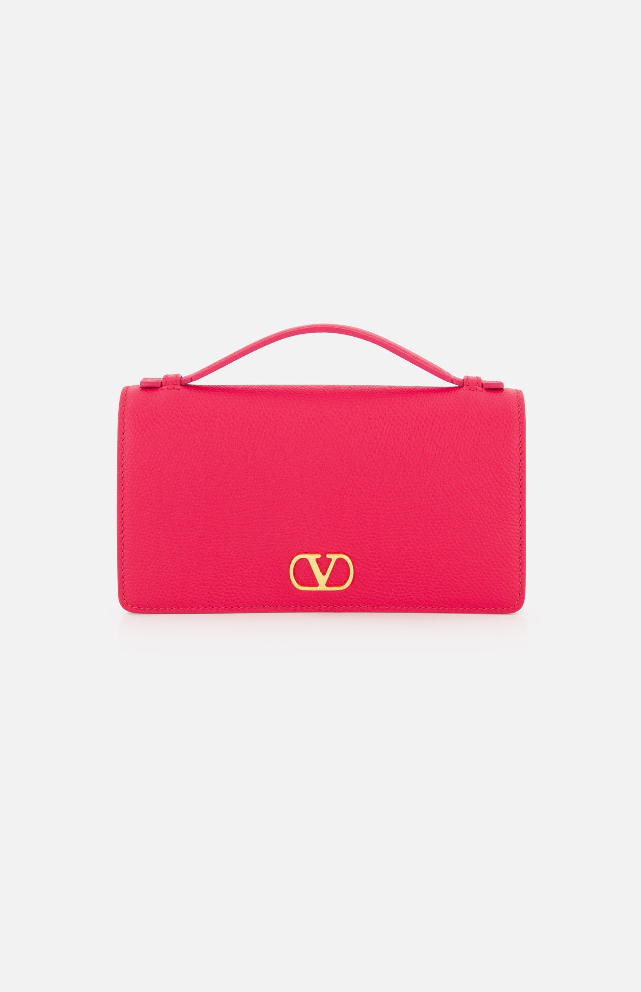 A vibrant pink rectangular VALENTINO GARAVANI VLogo Signature Wallet with Strap, featuring a top handle and a striking gold VLogo emblem on the front, displayed against a plain white background.