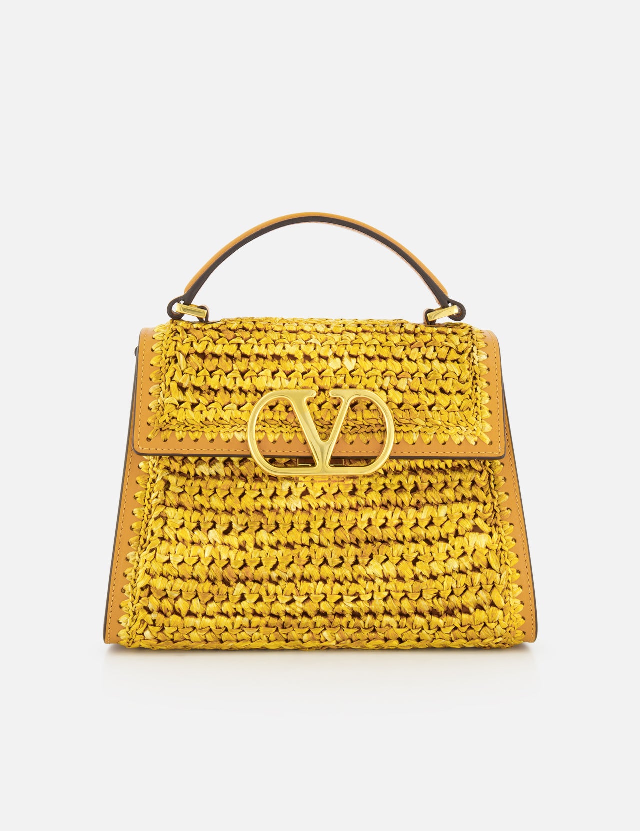 The VALENTINO GARAVANI VSling Small Top Handle Bag, made from yellow raffia-effect fabric with a prominent gold V logo on the front flap, is displayed against a plain white background.