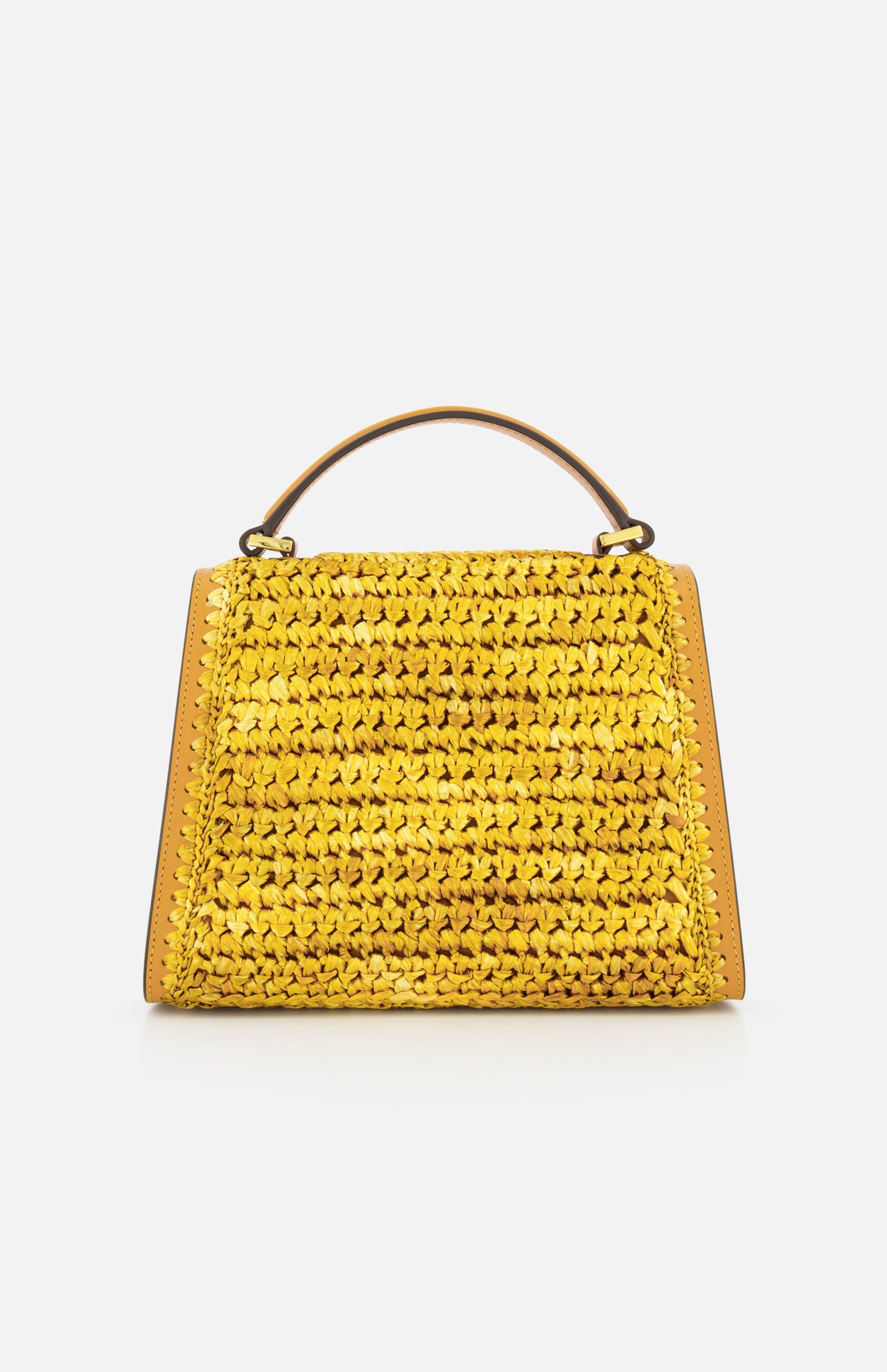 The VALENTINO GARAVANI VSling Small Top Handle Bag features a bright yellow raffia-effect front, light brown leather trim and sides, a structured shape, and a short top handle, shown on a plain white background.
