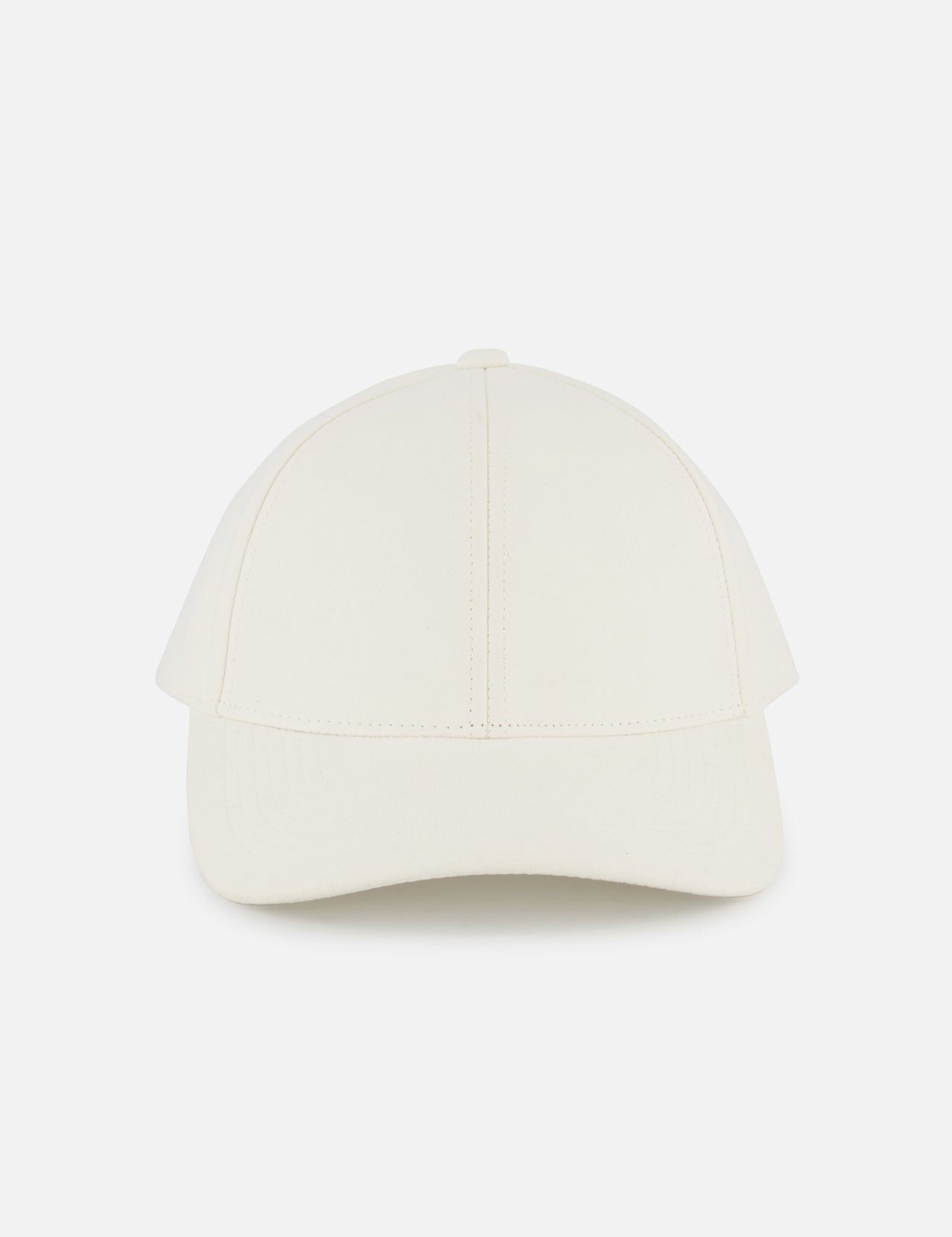 Front view of the VARSITY HEADWEAR Alcantara Water Resistant Cap in off-white, featuring a curved brim and visible stitching—perfect for those seeking a subtly elegant white hat.