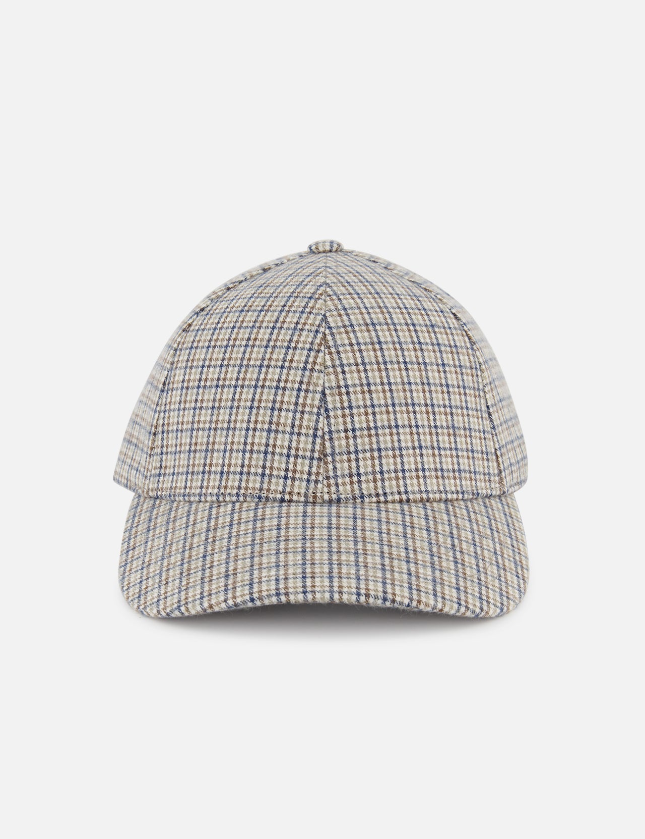 The VARSITY HEADWEAR Check Cotton Flannel Cap features a beige, blue, and brown plaid pattern with an adjustable leather back strap for comfort, shown against a plain white background.