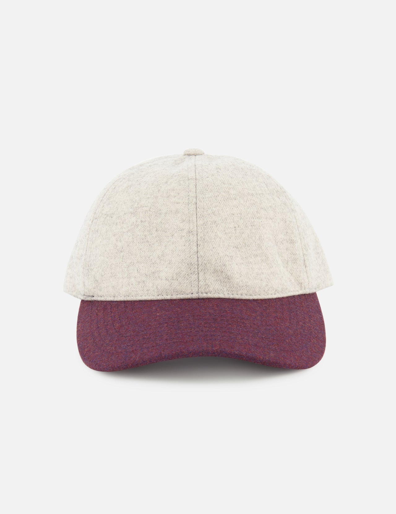 The Legacy Soft Wool Hat by VARSITY HEADWEAR features a light gray crown and maroon brim. This adjustable cap is photographed against a white background.