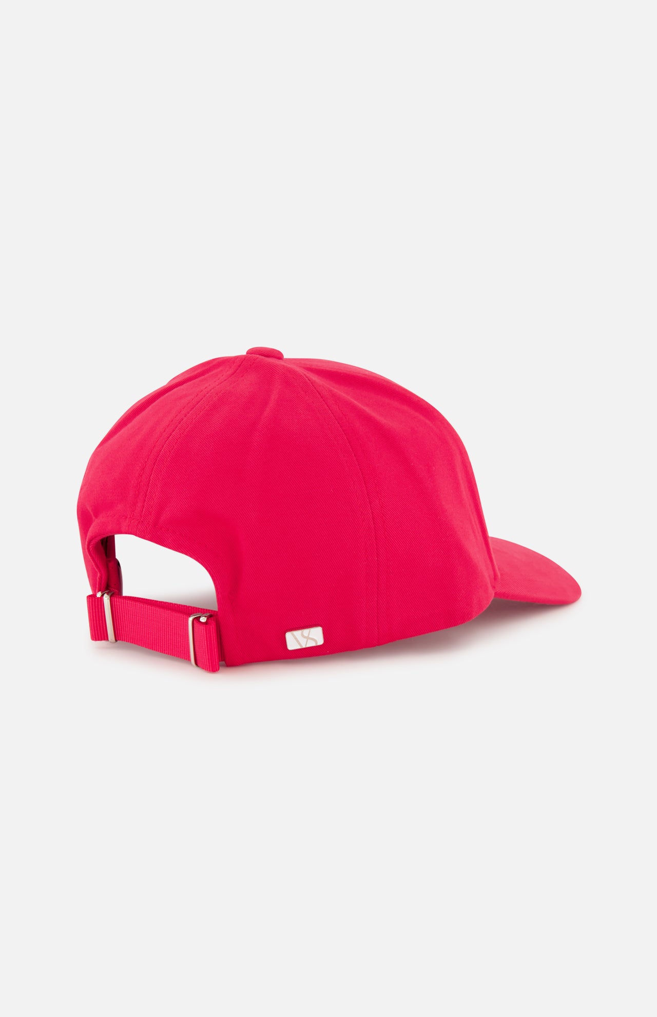 The VARSITY HEADWEAR Cotton Twill Pulse Hat is a vibrant red baseball cap made from soft organic cotton. Shown from the back, it features an adjustable strap with a metal buckle and a small rectangular metal accent on the side, blending comfort and style for any occasion.