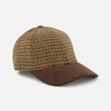 The VARSITY HEADWEAR Houndstooth Legacy Structured Active Hat, featuring a brown and beige plaid wool design with a brown suede bill and an adjustable back strap, is displayed against a plain white background.