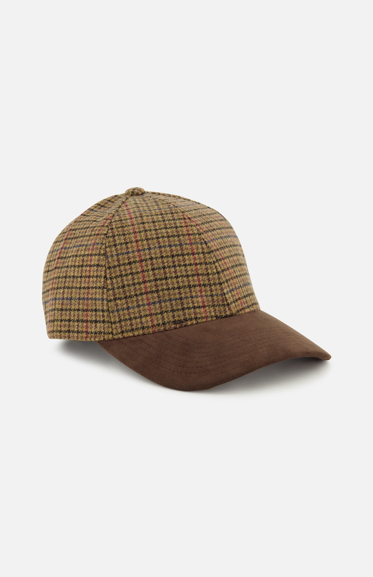 The VARSITY HEADWEAR Houndstooth Legacy Structured Active Hat, featuring a brown and beige plaid wool design with a brown suede bill and an adjustable back strap, is displayed against a plain white background.