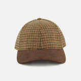 The VARSITY HEADWEAR Houndstooth Legacy Structured Active Hat, featuring a brown plaid-patterned crown and a solid brown suede brim with an adjustable back strap, is displayed on a plain white background.