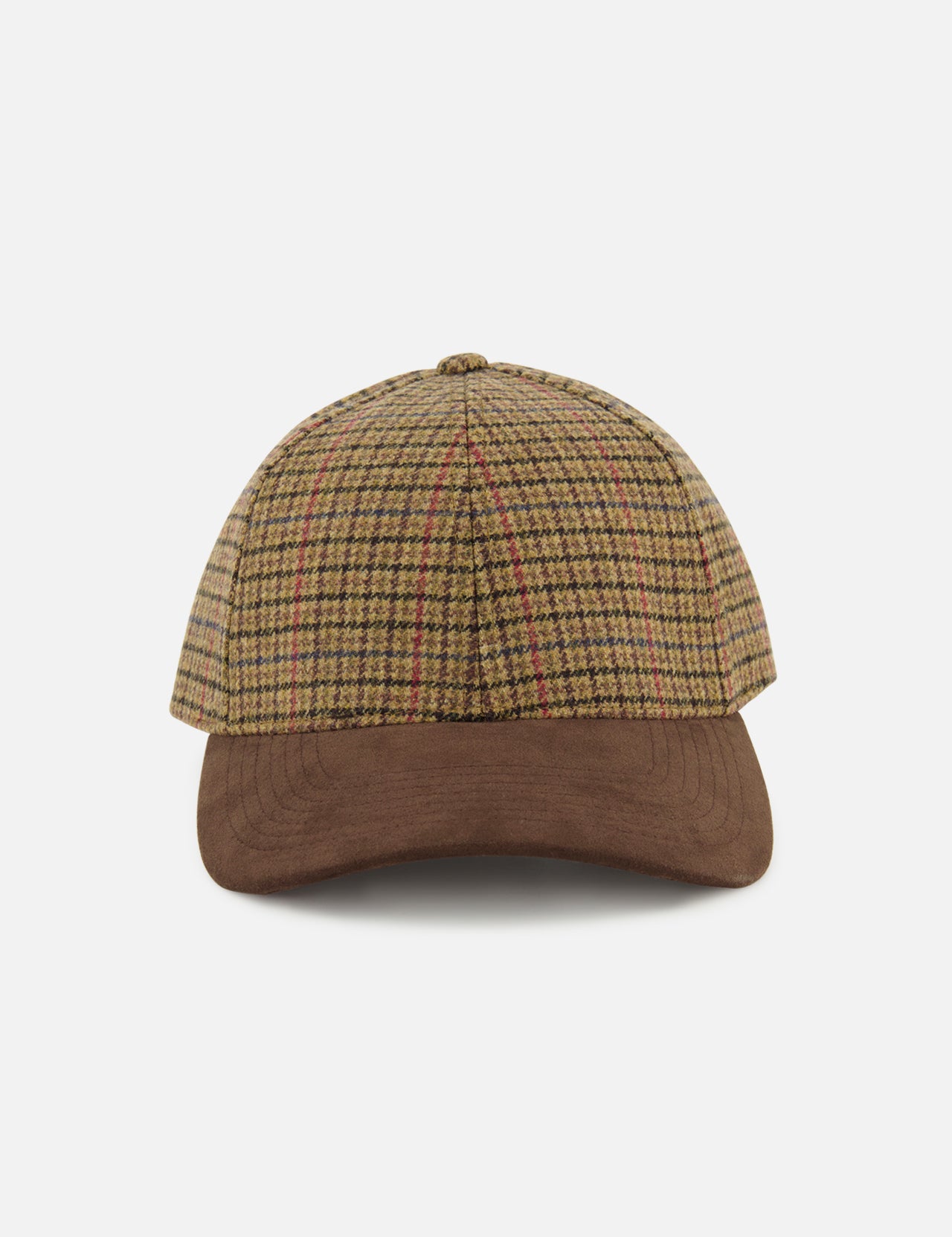 The VARSITY HEADWEAR Houndstooth Legacy Structured Active Hat, featuring a brown plaid-patterned crown and a solid brown suede brim with an adjustable back strap, is displayed on a plain white background.