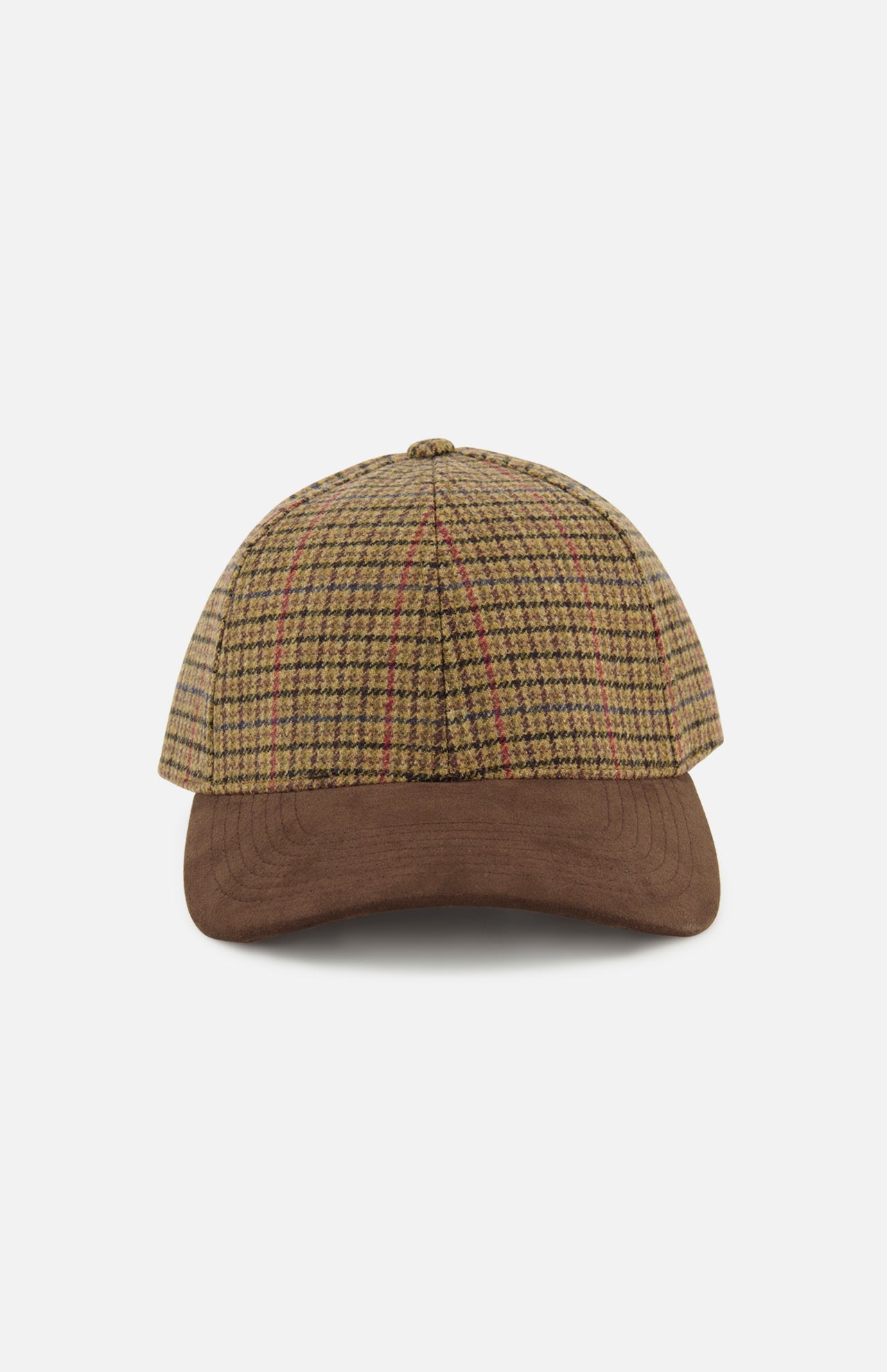 The VARSITY HEADWEAR Houndstooth Legacy Structured Active Hat, featuring a brown plaid-patterned crown and a solid brown suede brim with an adjustable back strap, is displayed on a plain white background.