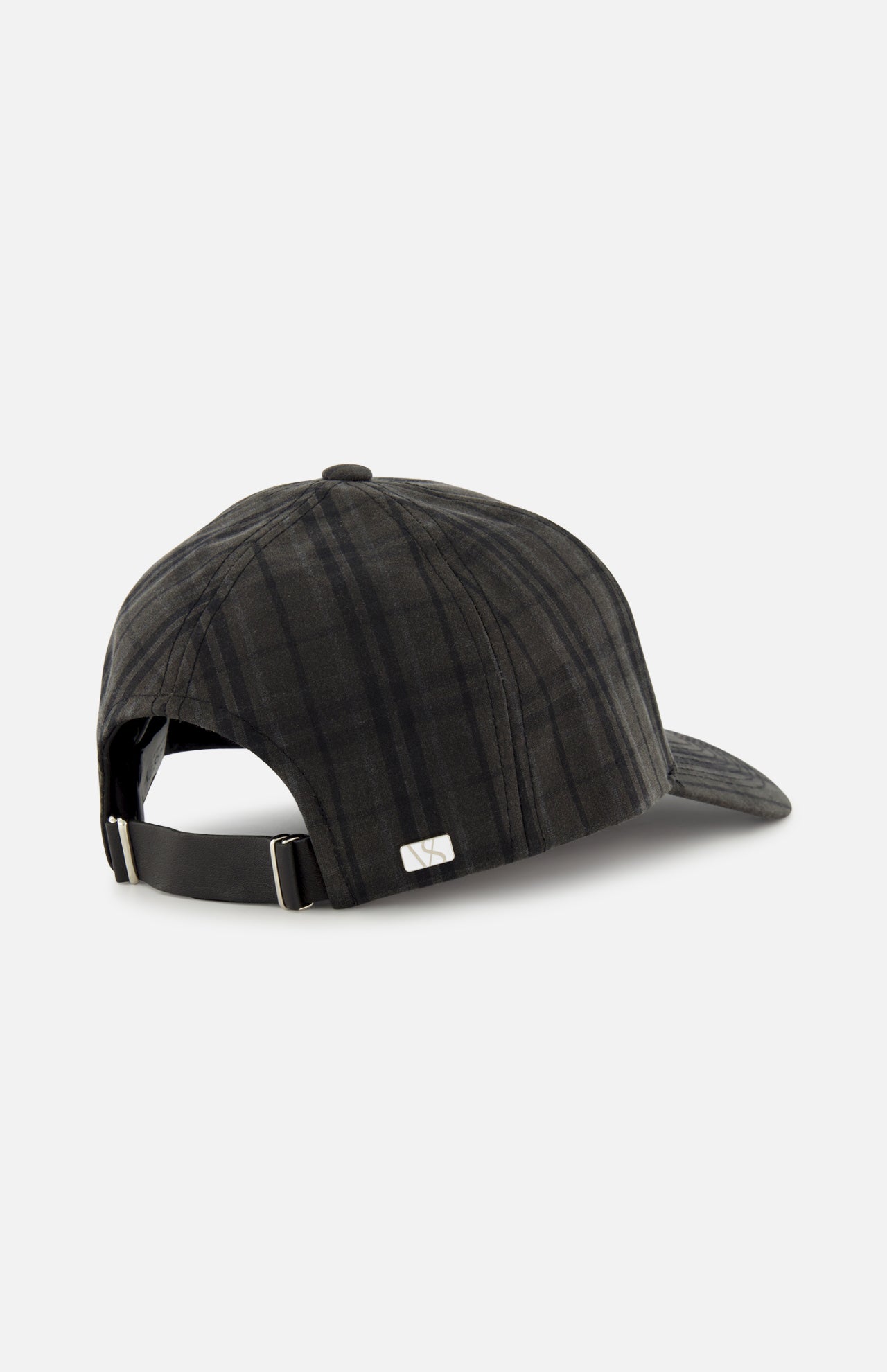 The Legacy Structured Oilskin Highland Hat by VARSITY HEADWEAR, featuring a black and gray plaid tartan pattern, is shown from the back with an adjustable strap and metal buckle, set against a plain light gray background.