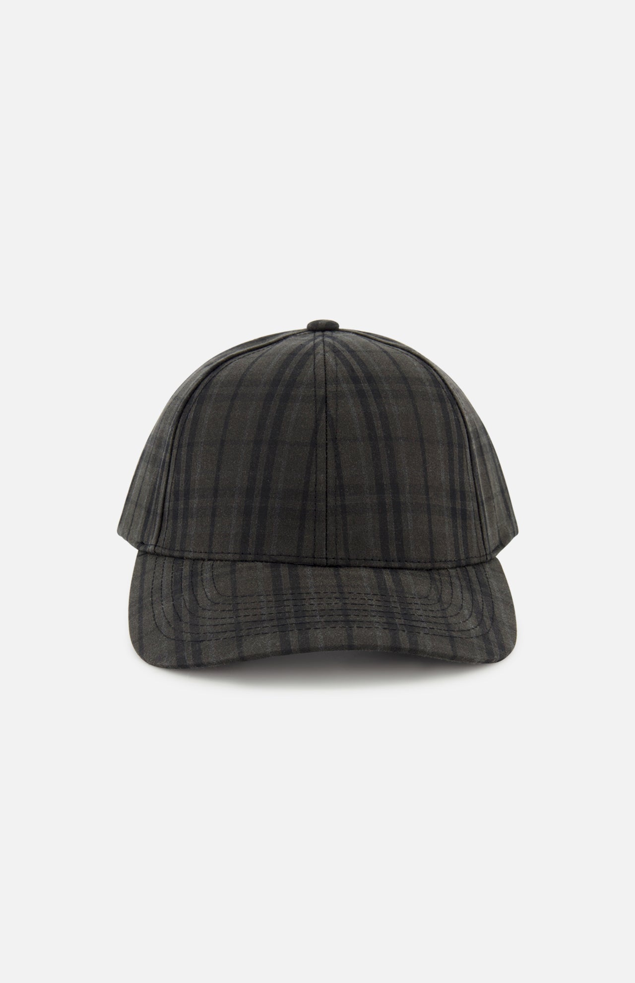 A front view of the Legacy Structured Oilskin Highland Hat by VARSITY HEADWEAR, showcasing its black and gray tartan design, curved brim, and adjustable back strap, displayed against a plain white background.