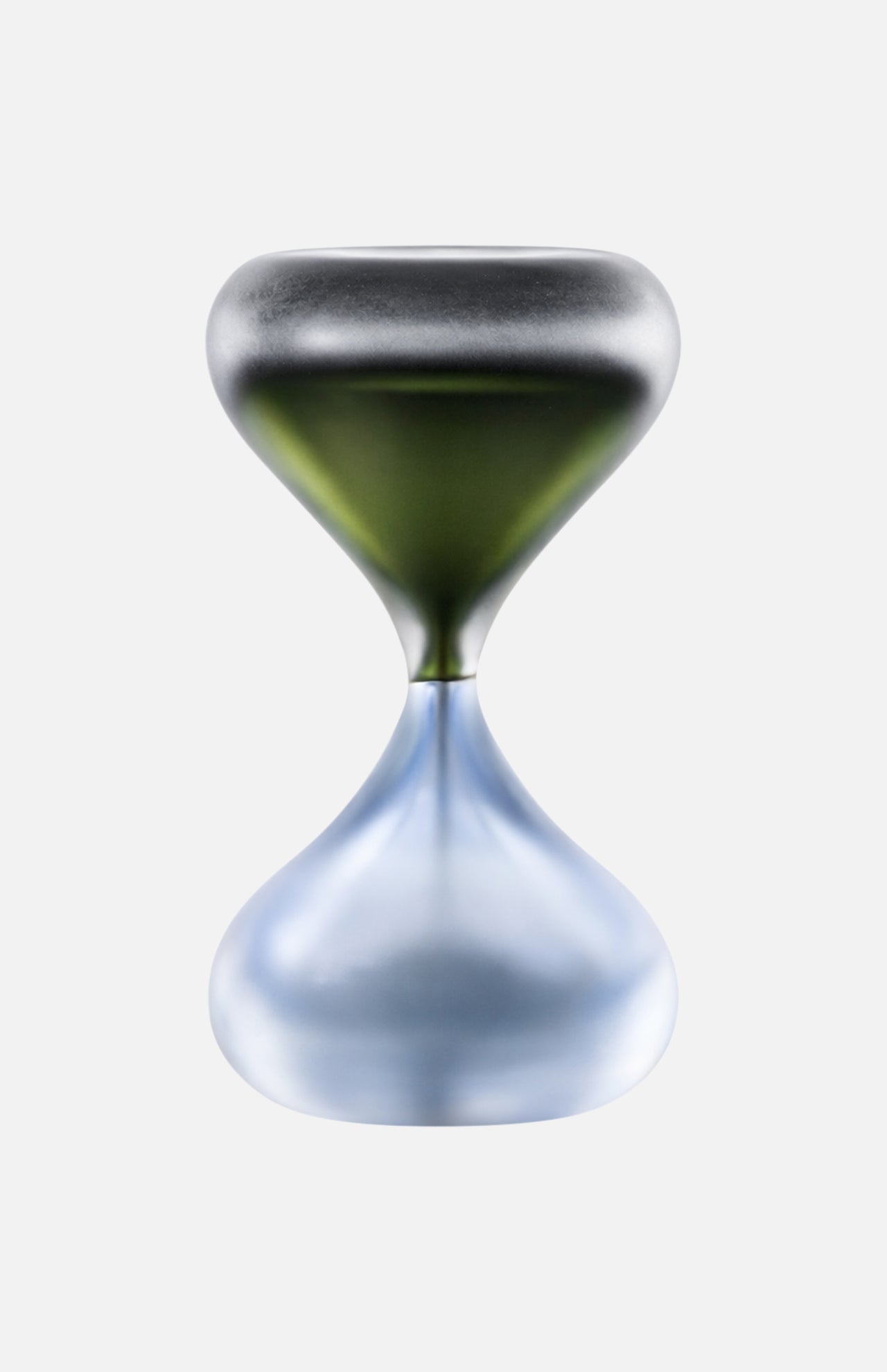 The Clessidra Sommersa Hour Glass by VENINI features a metallic dark green Murano glass top and a smooth translucent blue bottom, displayed on a plain white background.