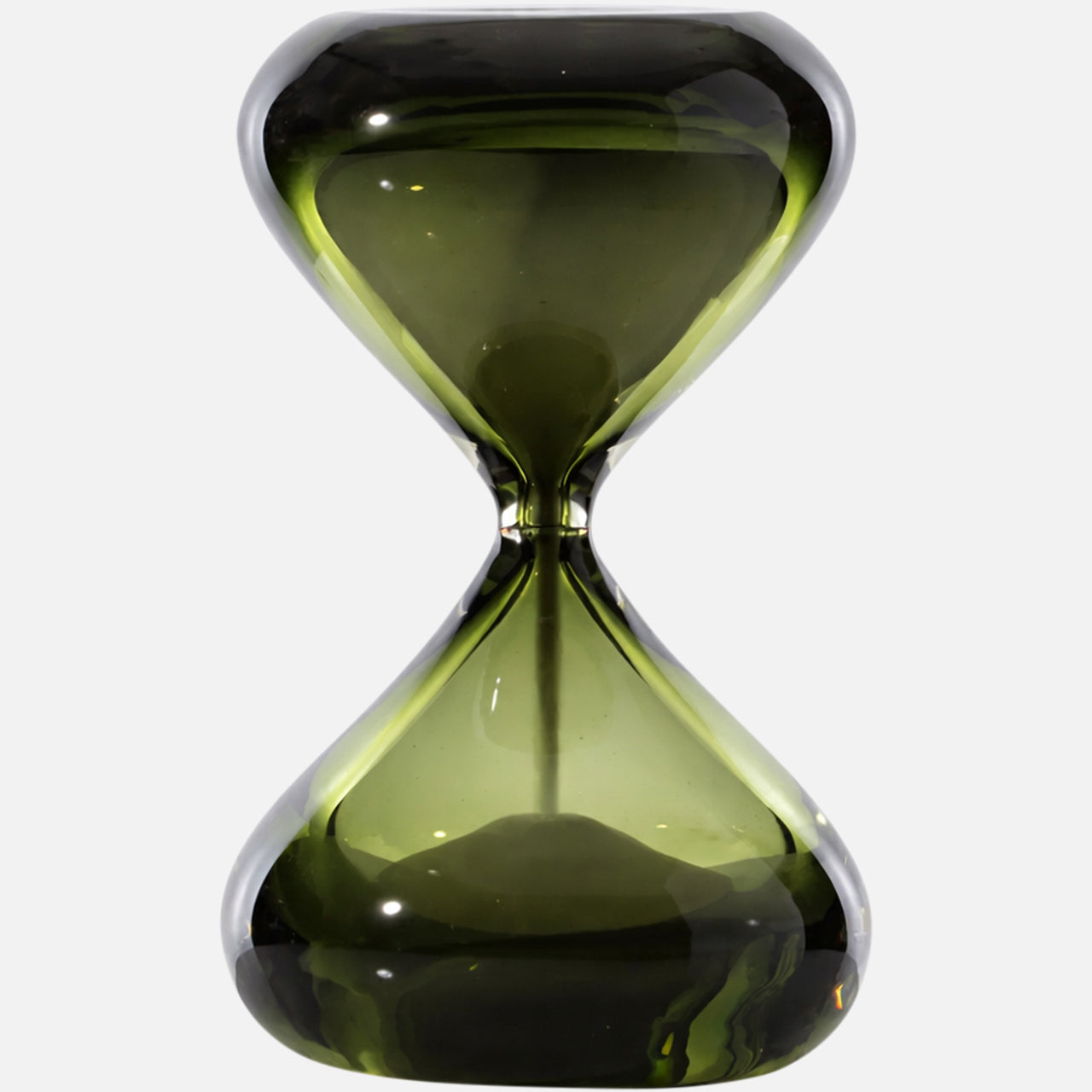 The Clessidra Sommersa Hour Glass by VENINI is a green Murano glass piece with a modern, sleek design, smooth curves, and a clear waist, photographed on a white background—a striking example of Italian decor.