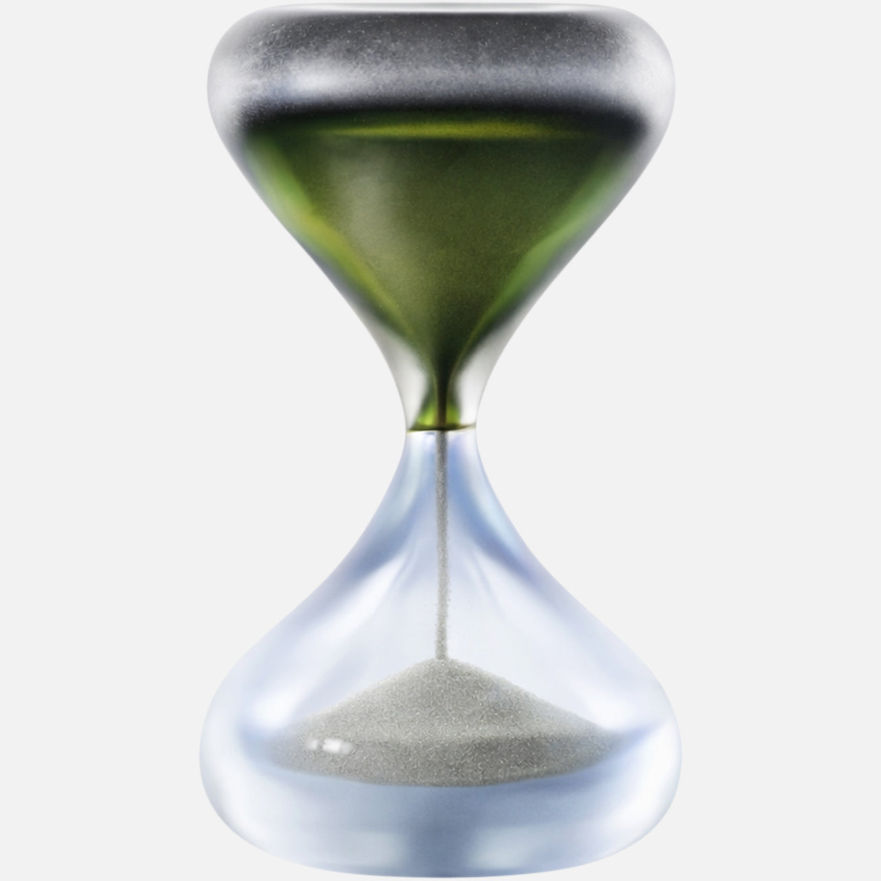 The VENINI Clessidra Sommersa Hour Glass features black sand in the upper chamber and white sand in the lower chamber, beautifully crafted from Murano glass and displayed against a plain white background.