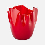 The Fazzoletto Opalino Vase by VENINI is a glossy, bright red Murano glass piece with a wavy, ruffled rim and sculptural shape, echoing Fulvio Bianconi’s iconic design, shown against a plain white background.