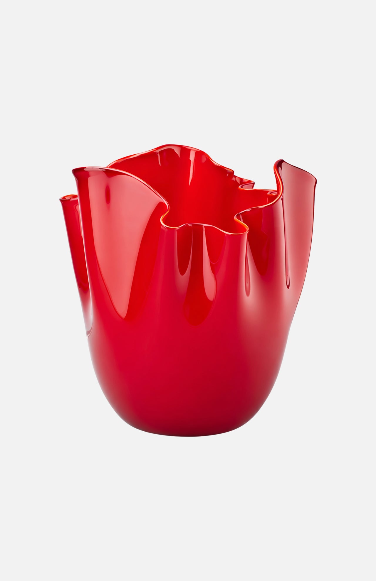 The Fazzoletto Opalino Vase by VENINI is a glossy, bright red Murano glass piece with a wavy, ruffled rim and sculptural shape, echoing Fulvio Bianconi’s iconic design, shown against a plain white background.