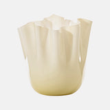 The VENINI Fazzoletto Vase features cream-colored, glossy Murano glass with wavy, freeform edges reminiscent of petals or folds, inspired by Fulvio Bianconi’s iconic design and shown against a plain white background.