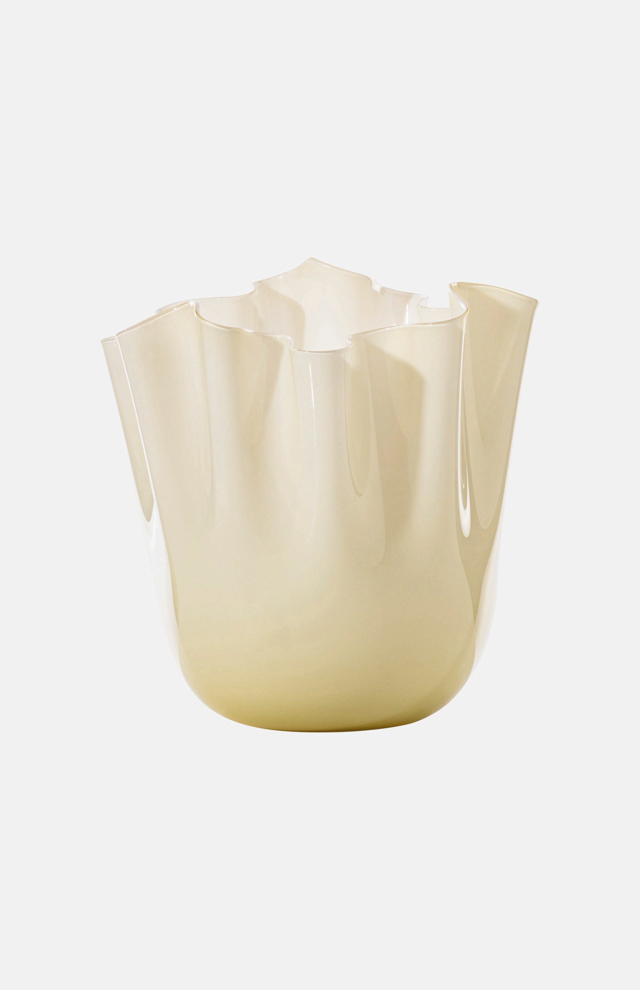The VENINI Fazzoletto Vase features cream-colored, glossy Murano glass with wavy, freeform edges reminiscent of petals or folds, inspired by Fulvio Bianconi’s iconic design and shown against a plain white background.