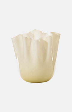 The VENINI Fazzoletto Vase features cream-colored, glossy Murano glass with wavy, freeform edges reminiscent of petals or folds, inspired by Fulvio Bianconi’s iconic design and shown against a plain white background.