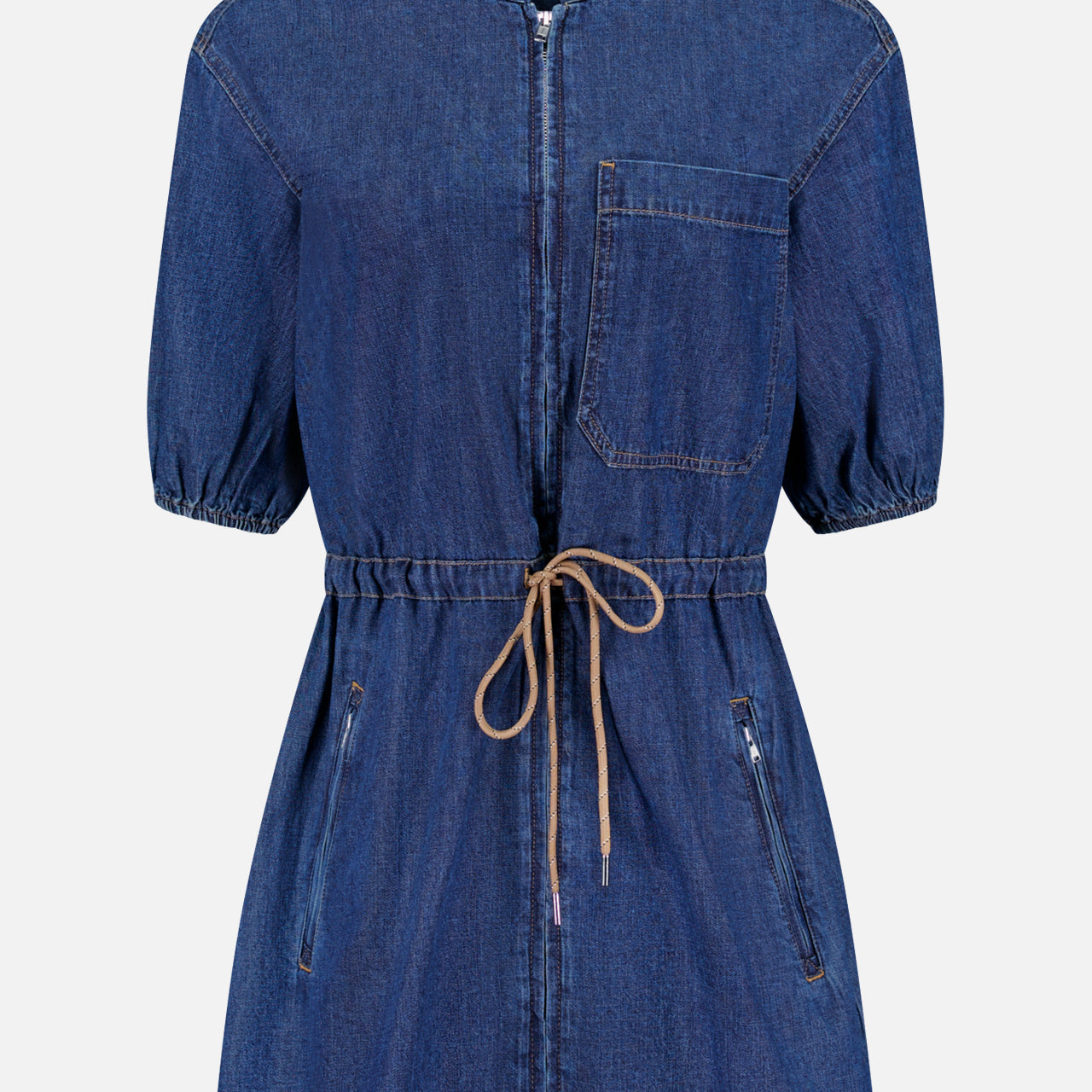 The Akerman Denim Mini Dress by VERONICA BEARD is shown against a plain white background, featuring a zip front, short sleeves, knee-length cut, drawstring waist, chest pocket, and two zippered side pockets.