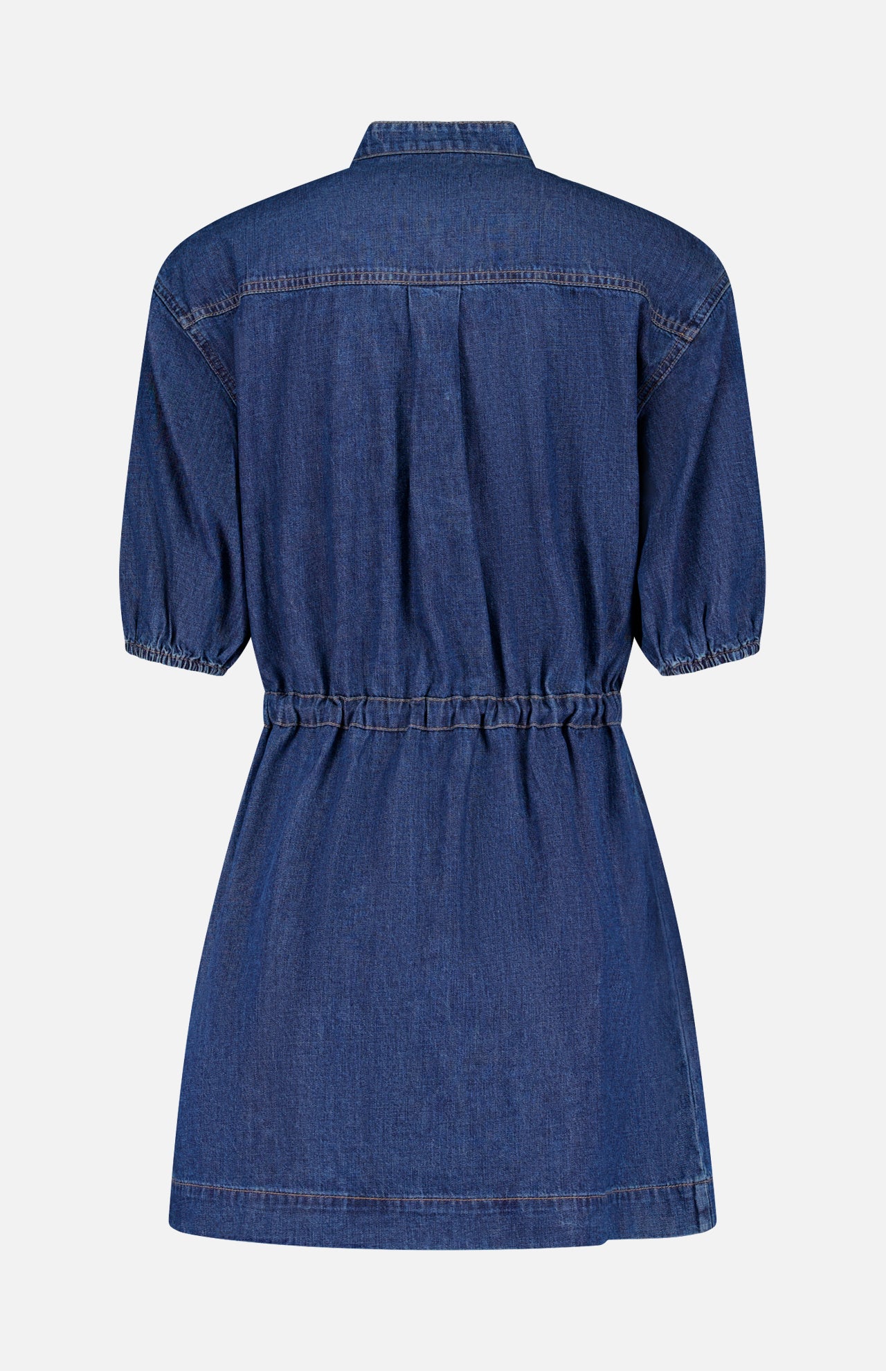 Back view of the Akerman Denim Mini Dress by VERONICA BEARD, featuring short sleeves, a collar, elastic waistband, and knee-length cut, shown on a plain white background.